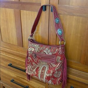 Montana West turquoise  western Tapestry/Faux Leather fringe shoulder bag